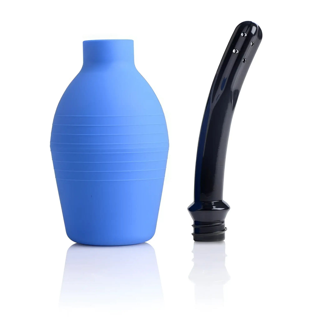 CleanStream enema douche featuring a blue silicone bulb and a detachable, curved black nozzle on a white background.