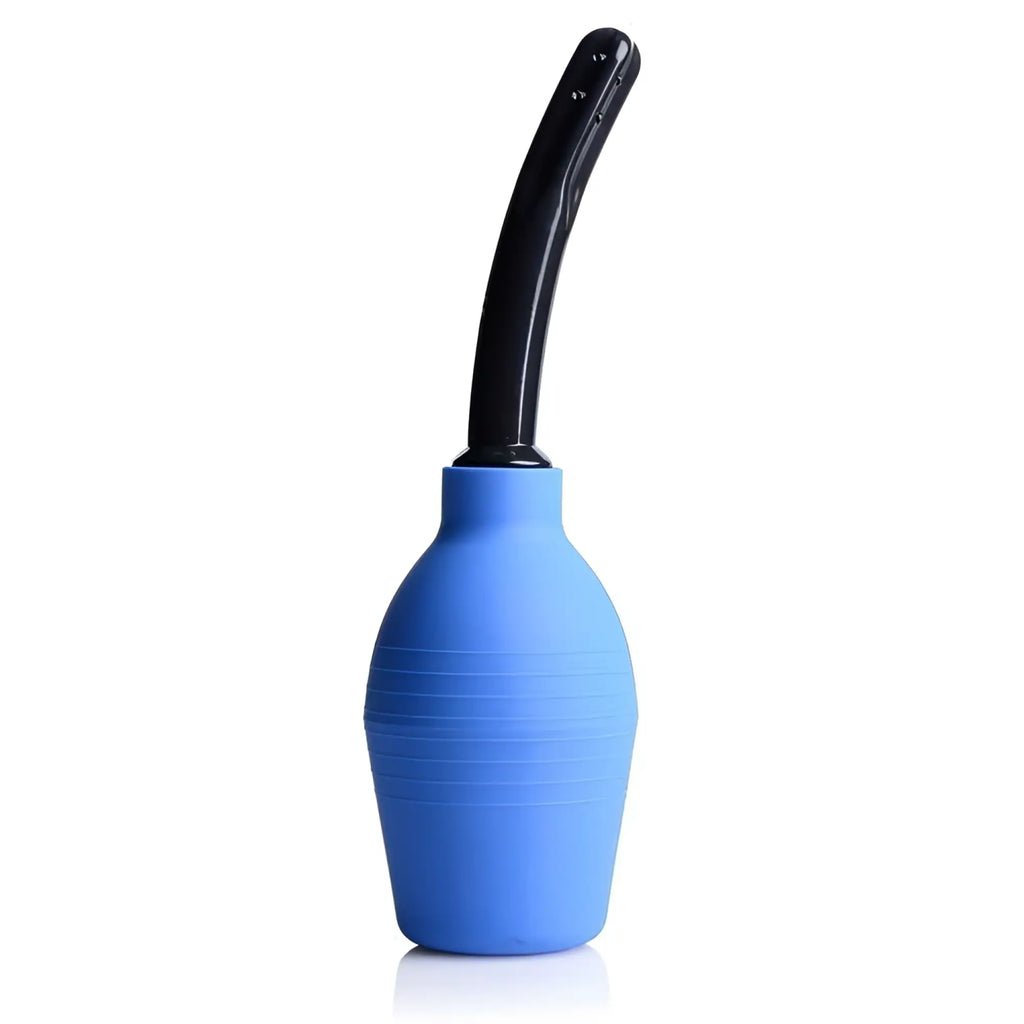 CleanStream Premium One-Way Valve Enema Douche featuring a blue silicone bulb and a detachable black curved nozzle.