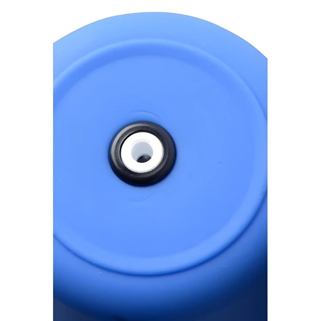 CleanStream Premium One-Way Valve Enema Douche showing the blue silicone bulb base with a black and white center valve.