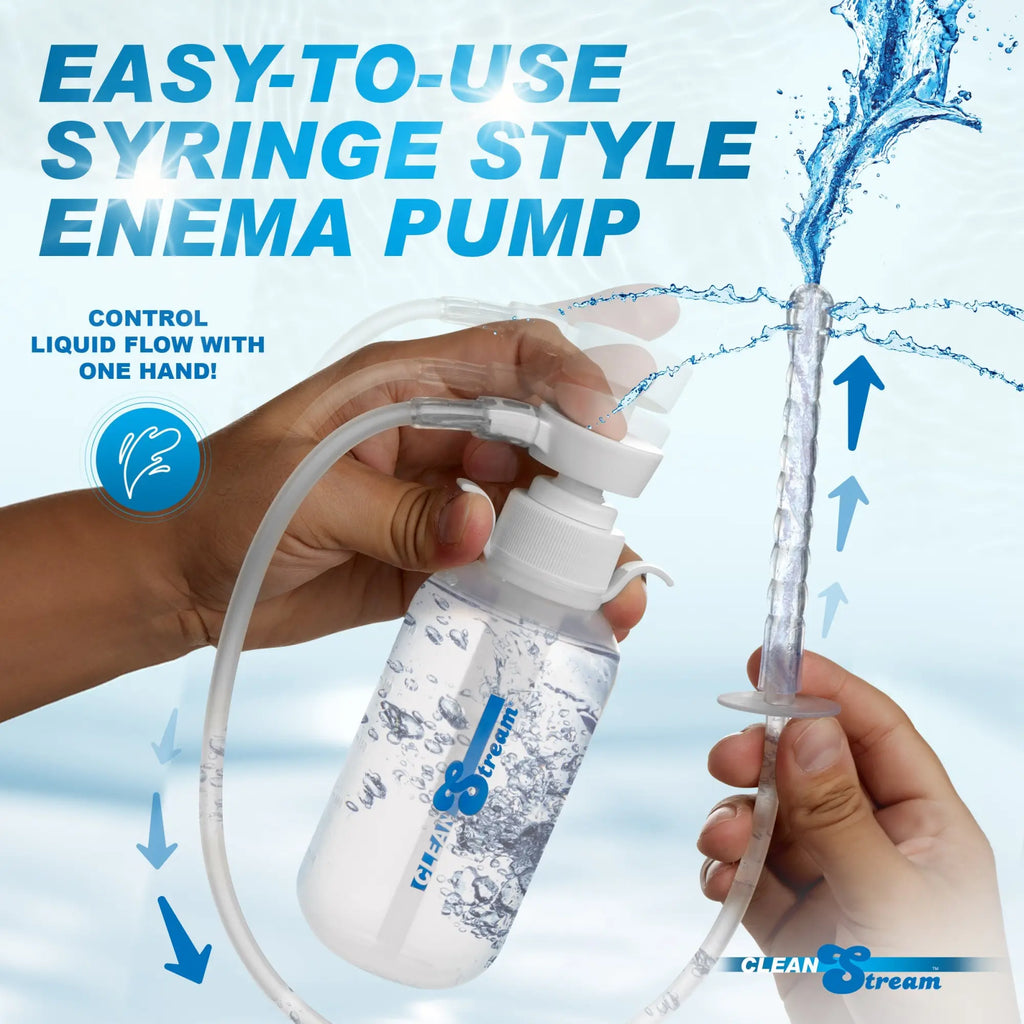 CleanStream pump action enema bottle with clear tubing and nozzle, showing hand-operated liquid flow against a blue background.