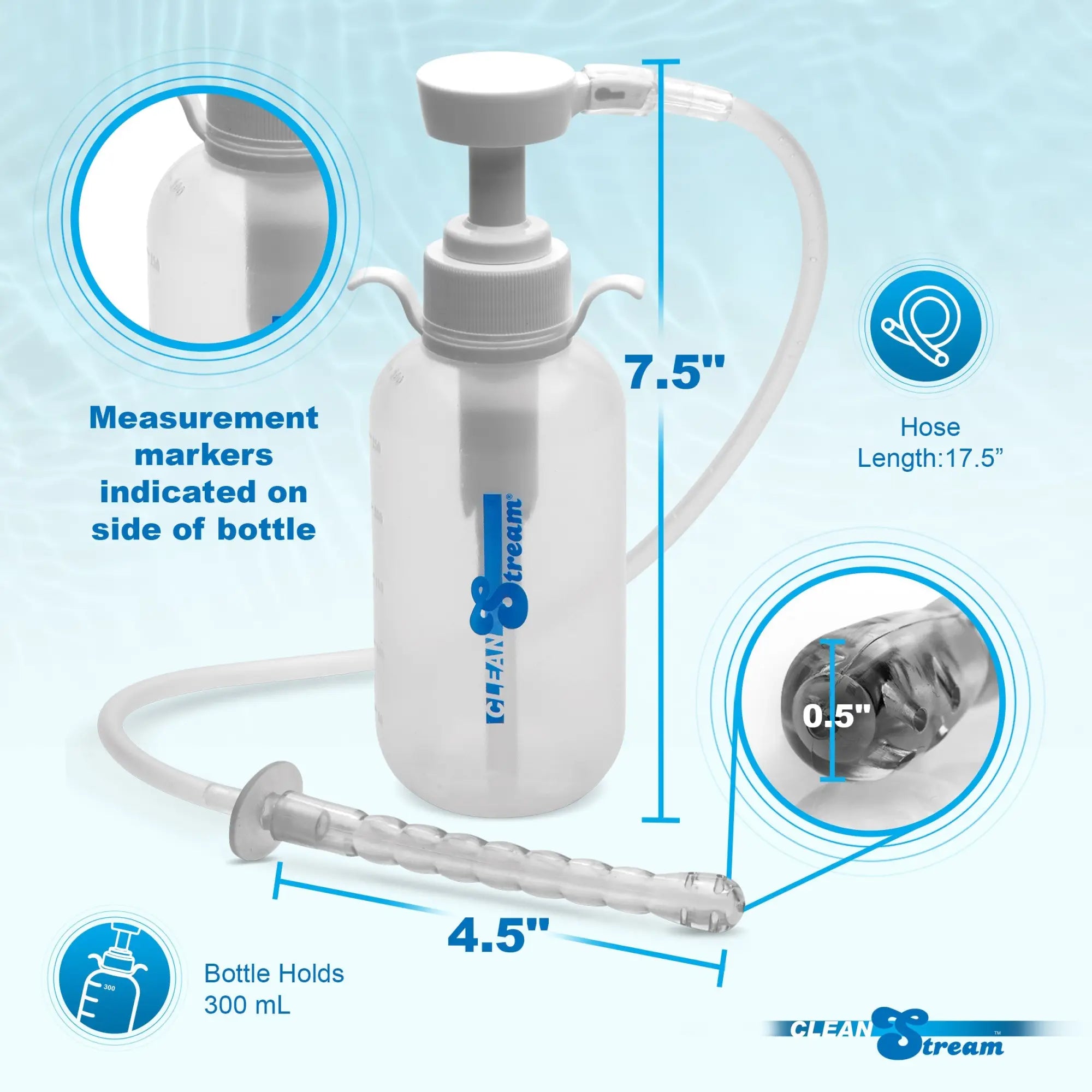 CleanStream Pump Action Enema Bottle, 300mL capacity with a 4.5-inch ribbed nozzle and 17.5-inch hose, on light blue.