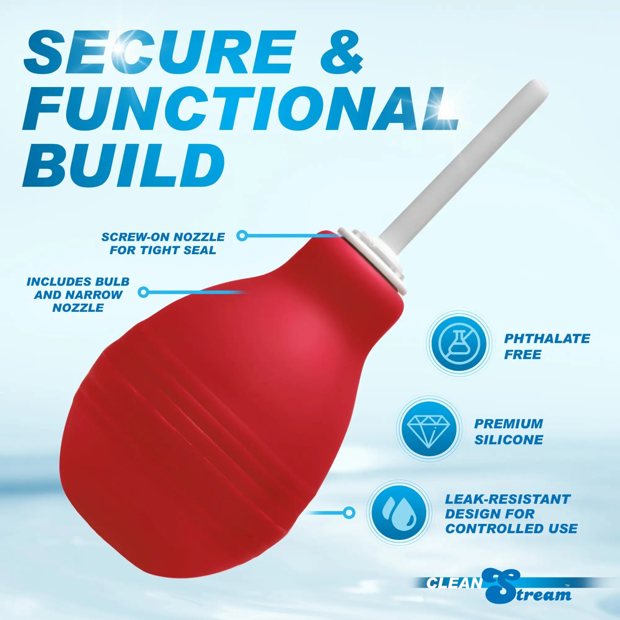 Red CleanStream enema bulb with a white nozzle, featuring labels for its silicone build and leak-resistant design.