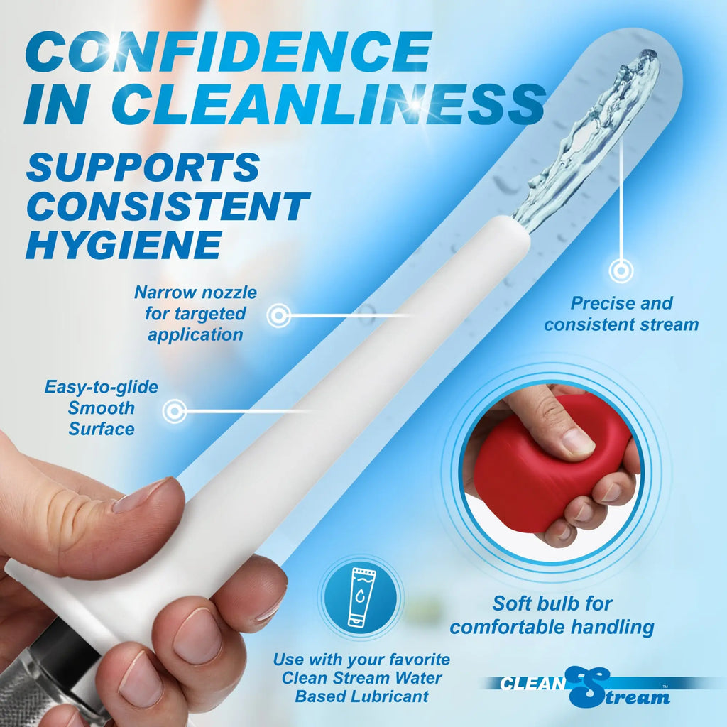CleanStream Red Enema Bulb features a smooth white nozzle and a soft red squeeze bulb, shown with usage callouts.