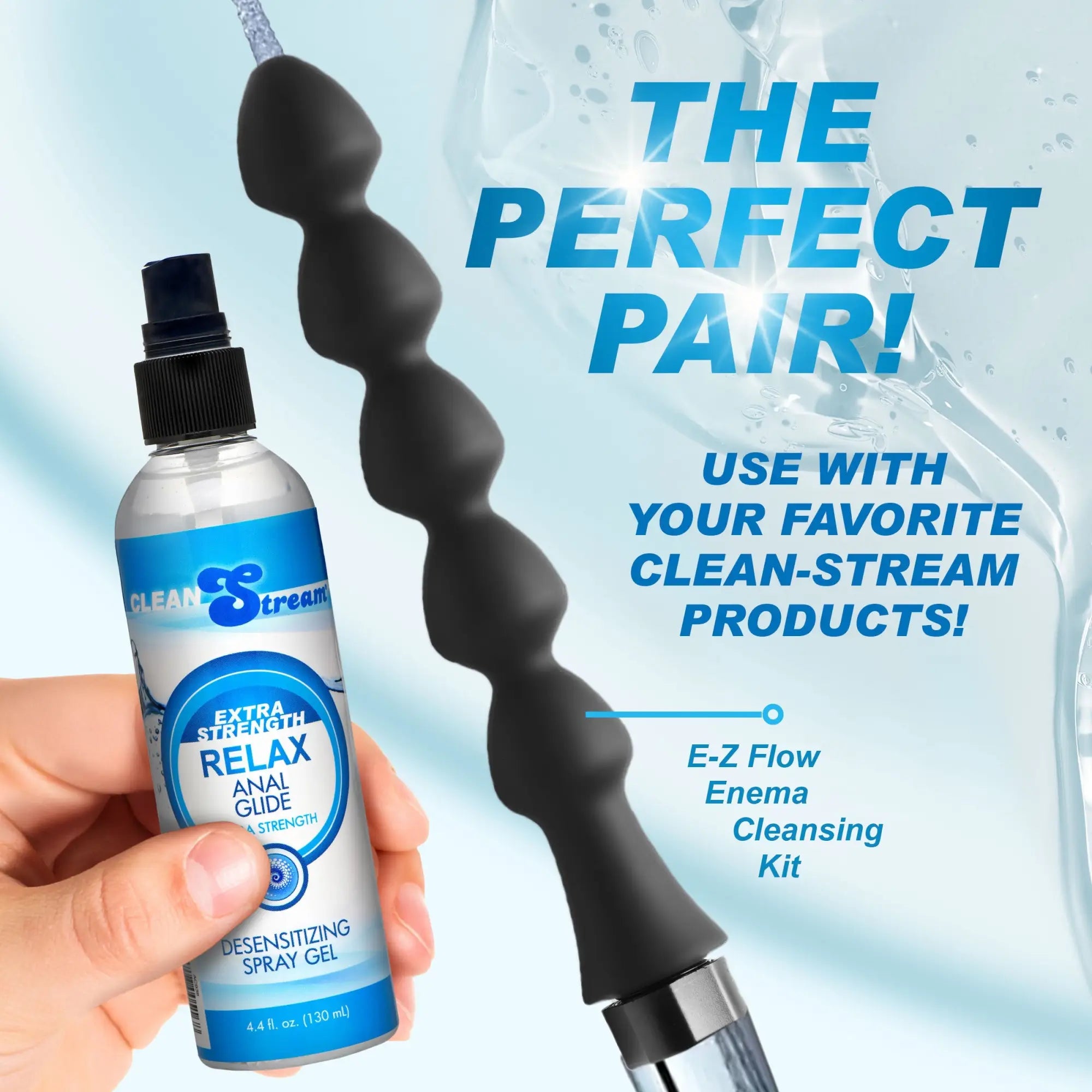 CleanStream Relax Anal Glide spray held next to a black, multi-beaded enema attachment on a light blue water background.