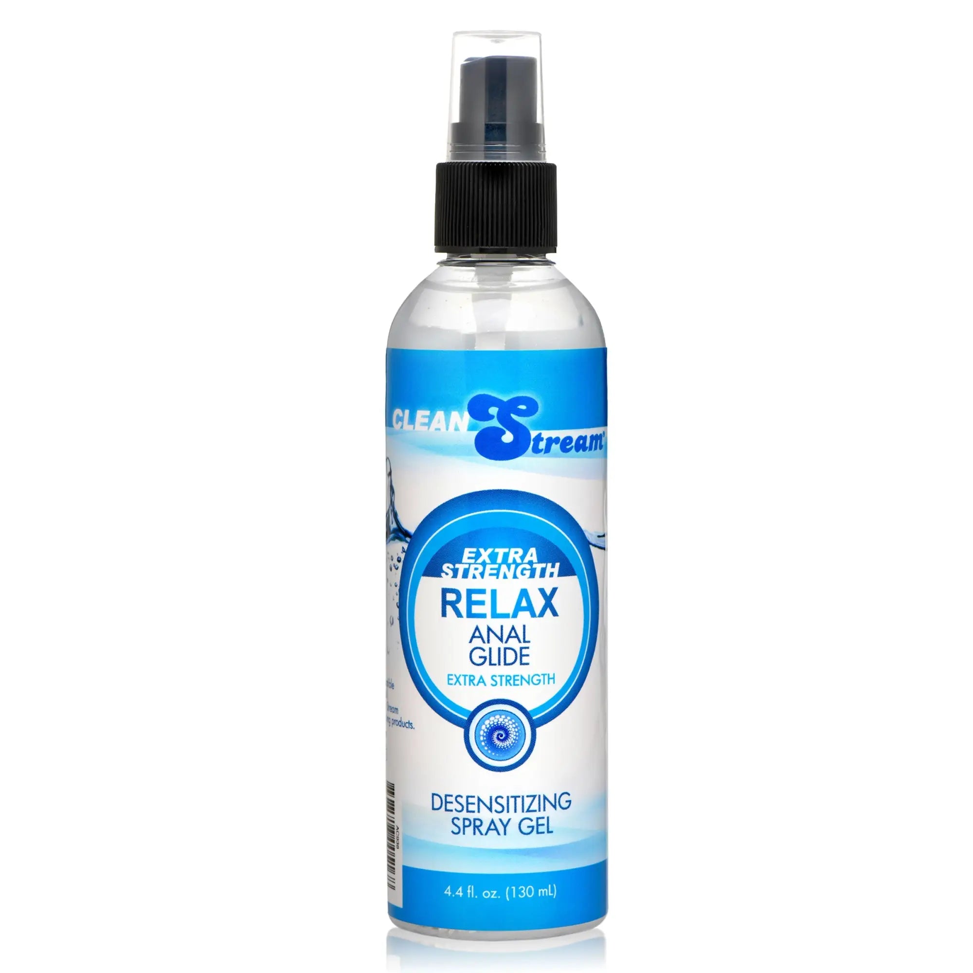CleanStream Relax Anal Glide spray bottle in clear plastic with a blue and white label and black spray nozzle.