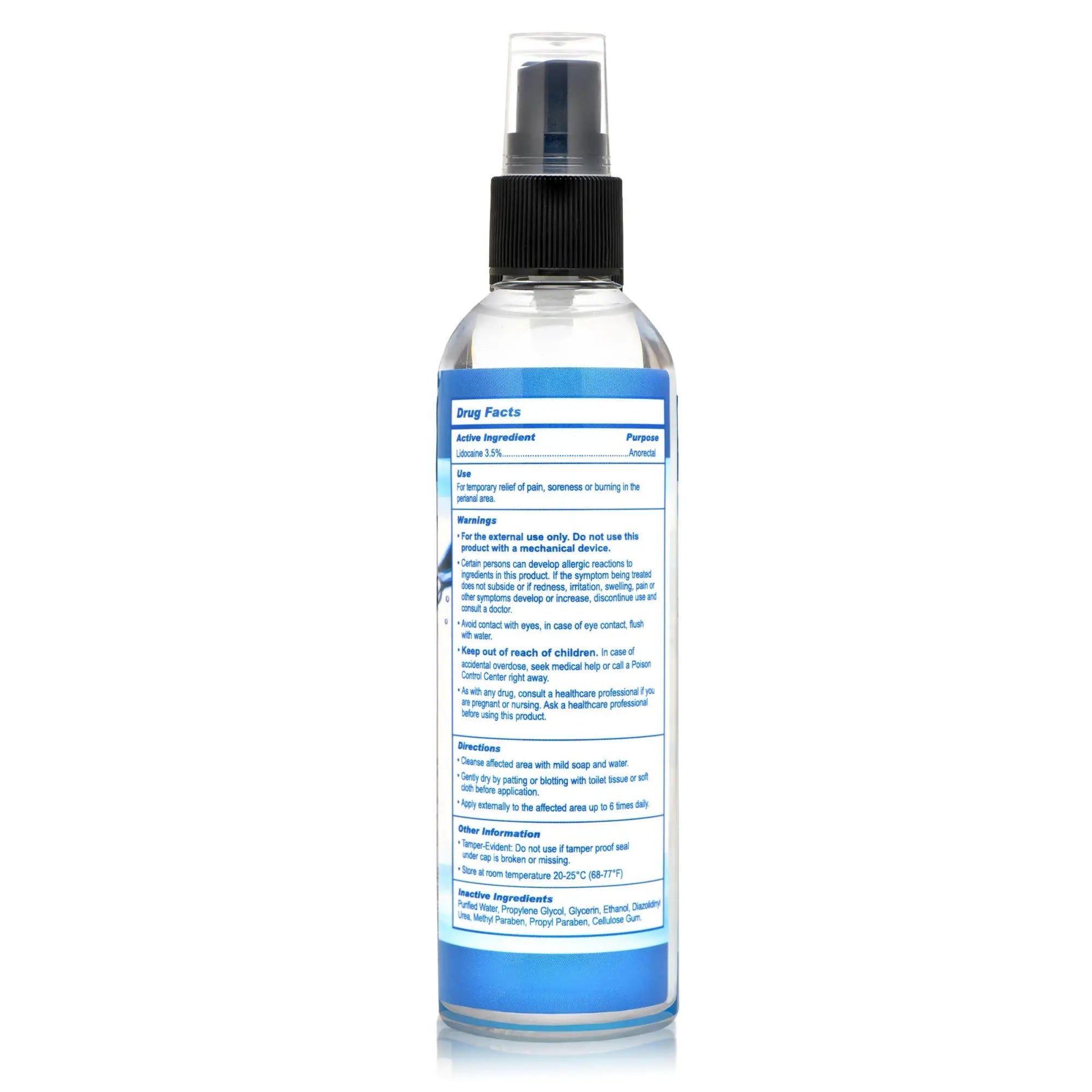 CleanStream Relax Anal Lubricant with Lidocaine in a clear spray bottle with a blue drug facts label, isolated on white.