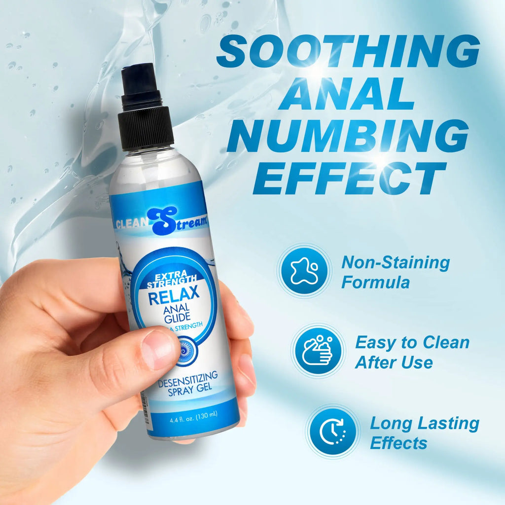 Hand holding a bottle of CleanStream Relax Anal Glide desensitizing spray gel on a blue background with feature icons.