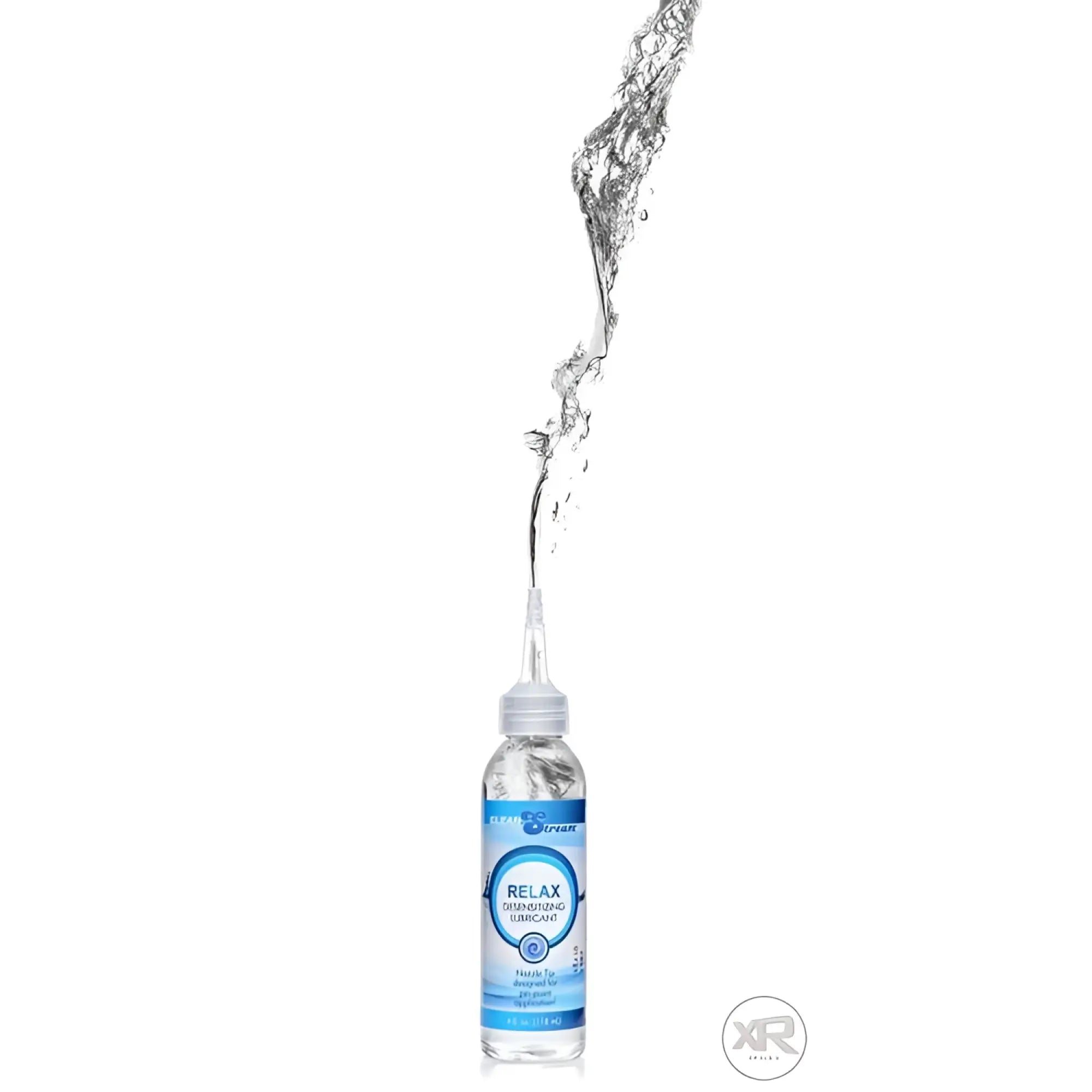 CleanStream Relax desensitizing lubricant bottle with nozzle tip, shown with a vertical stream of liquid against white.