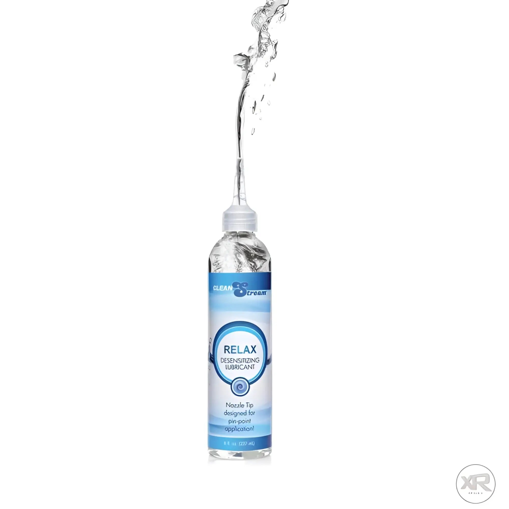 CleanStream Relax desensitizing lubricant in a clear bottle with a nozzle tip, with liquid splashing from the top.