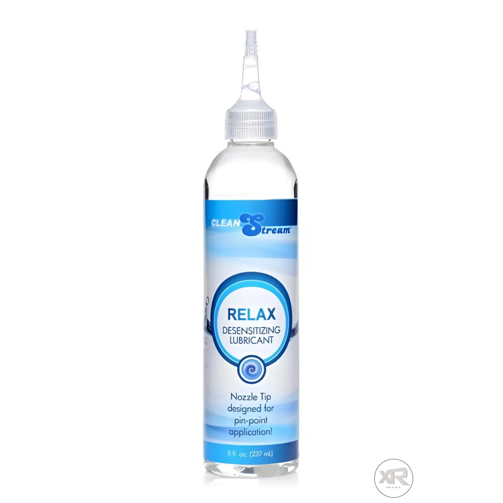 CleanStream Relax desensitizing lubricant in a clear 8oz bottle with a white nozzle tip and blue label.