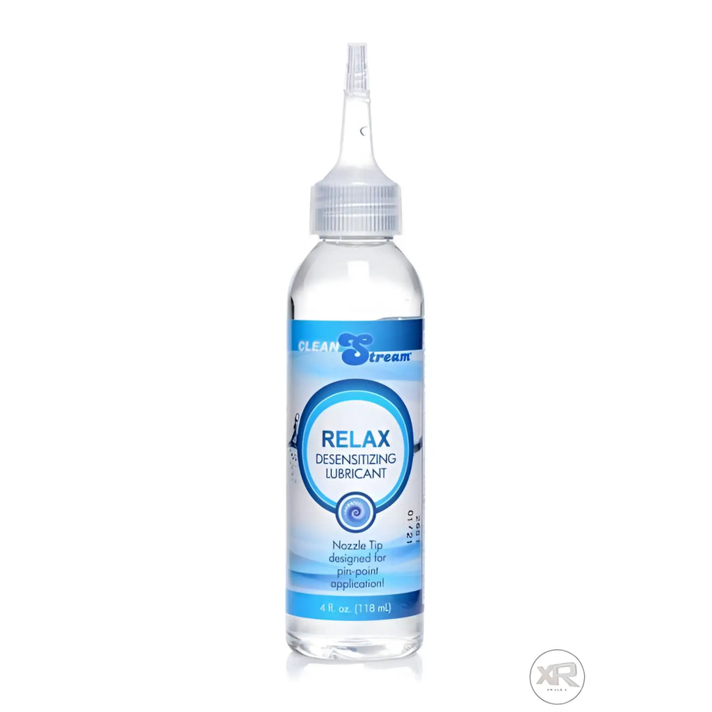 Clear 4 oz. bottle of CleanStream Relax Desensitizing Lubricant with a precision nozzle tip, blue and white label.