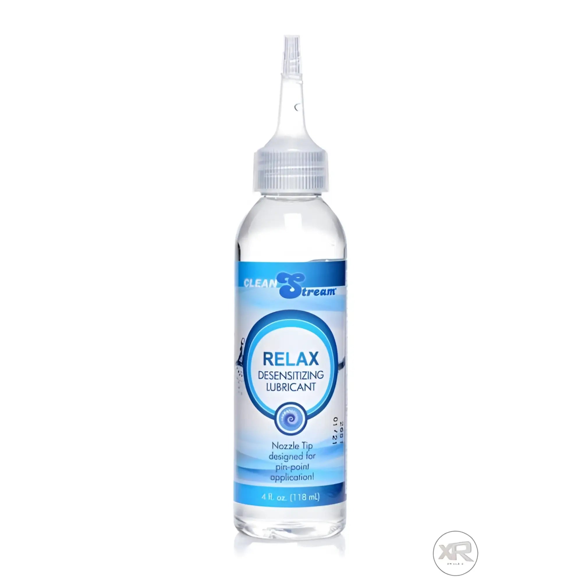 Clear 4 oz. bottle of CleanStream Relax Desensitizing Lubricant with a precision nozzle tip, blue and white label.