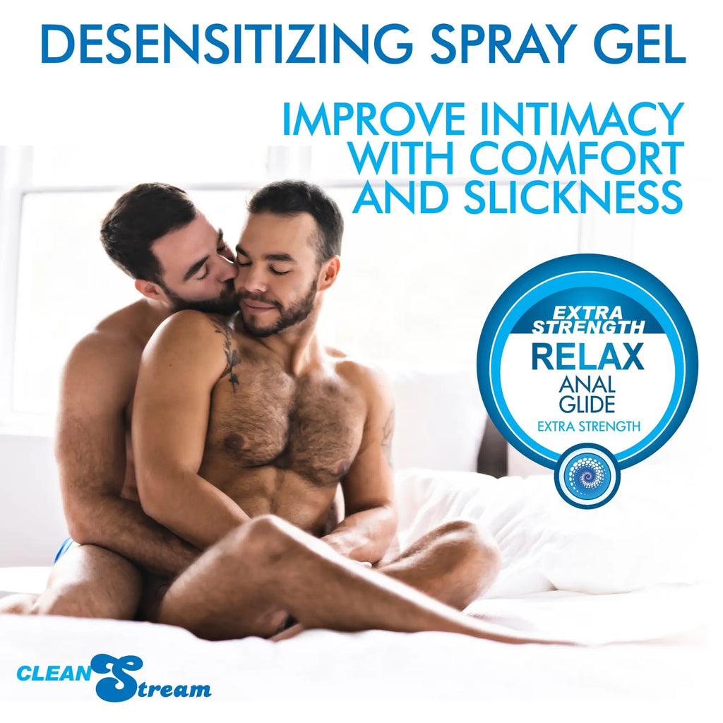 CleanStream Relax desensitizing spray gel, featuring a blue product logo and an intimate couple on a bed.