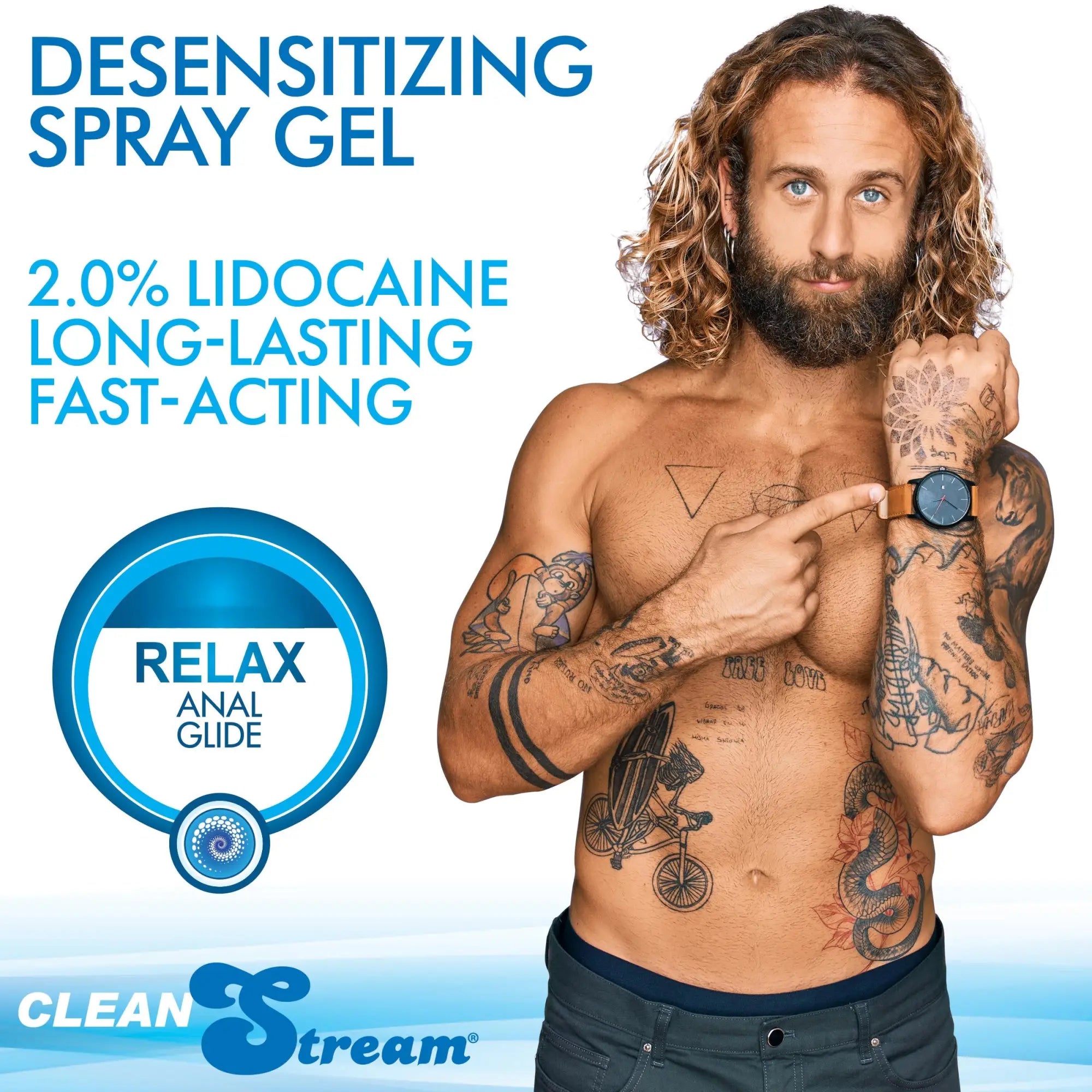 CleanStream Relax Desensitizing Lubricant ad featuring a tattooed man pointing to his watch on a white background.