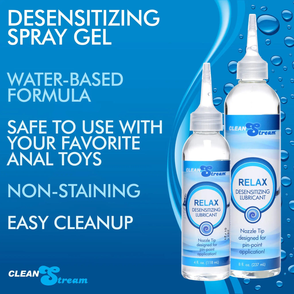 CleanStream Relax Desensitizing Lubricant in two clear bottles with nozzle tips against a blue, water-themed background.