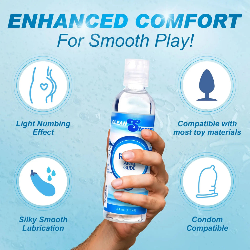 A hand holds a bottle of CleanStream Relax desensitizing lube against a light blue, four-icon feature background.