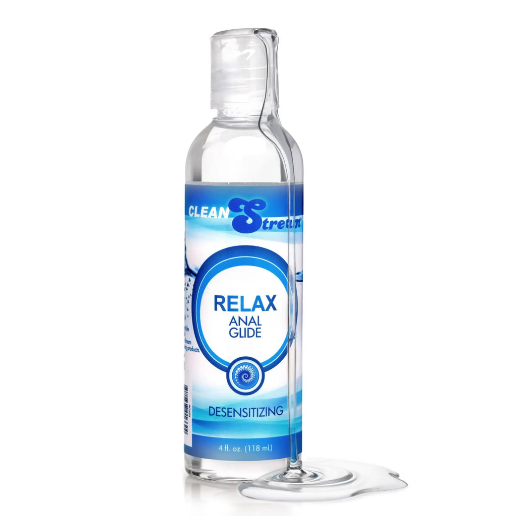 CleanStream Relax desensitizing lube in a clear 4 oz. bottle with blue and white label against a white background.