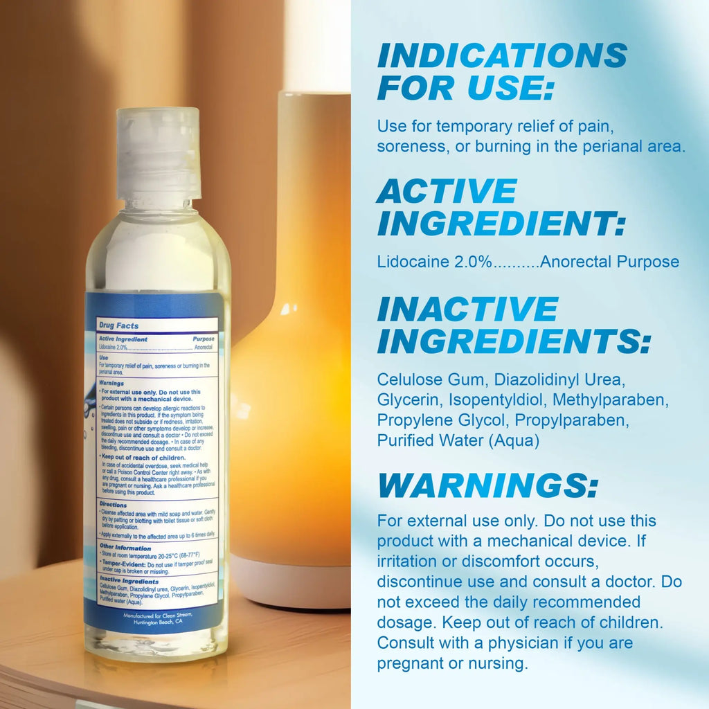 CleanStream Relax desensitizing lube bottle with a Drug Facts label next to a yellow vase and product information text.