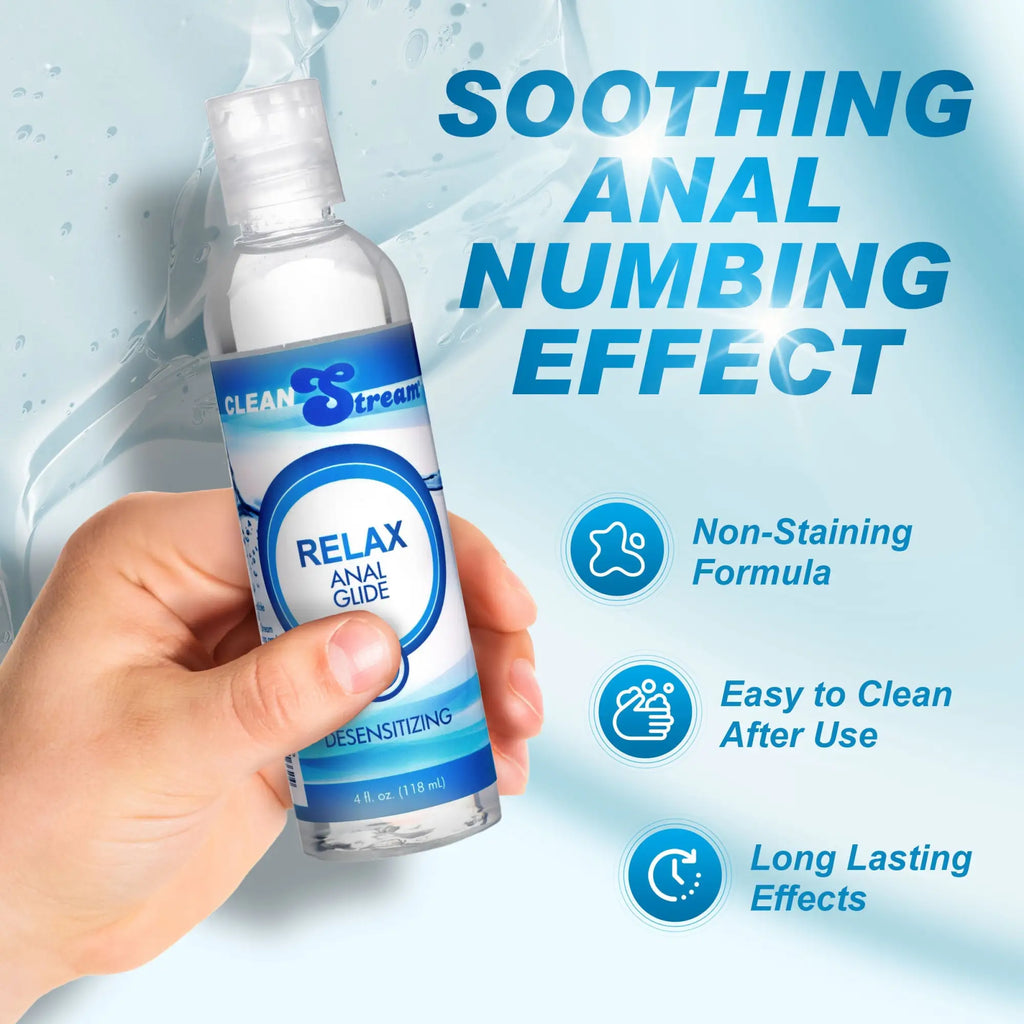 A hand holds a bottle of CleanStream Relax desensitizing lube against a blue background with product feature icons.