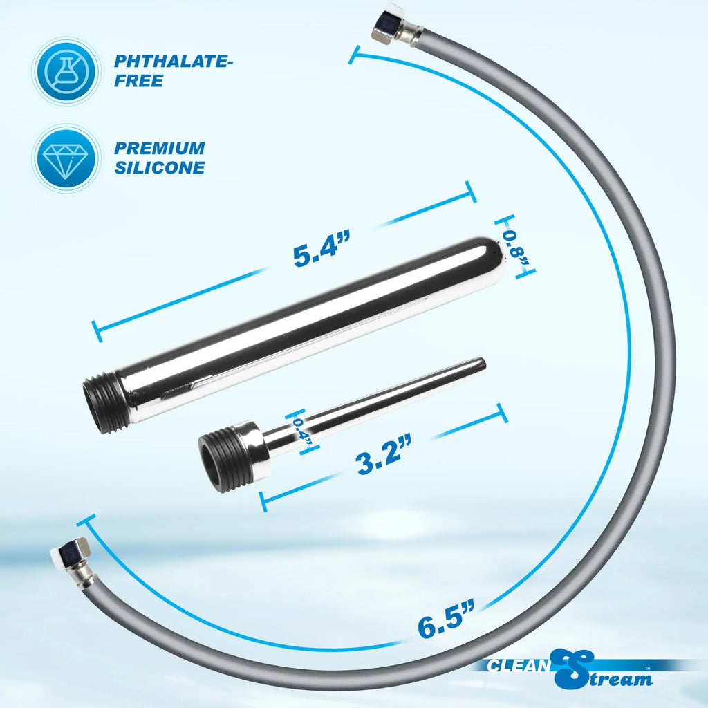 CleanStream Shower Enema Set showing two chrome nozzle attachments and a flexible hose with dimensions labeled.