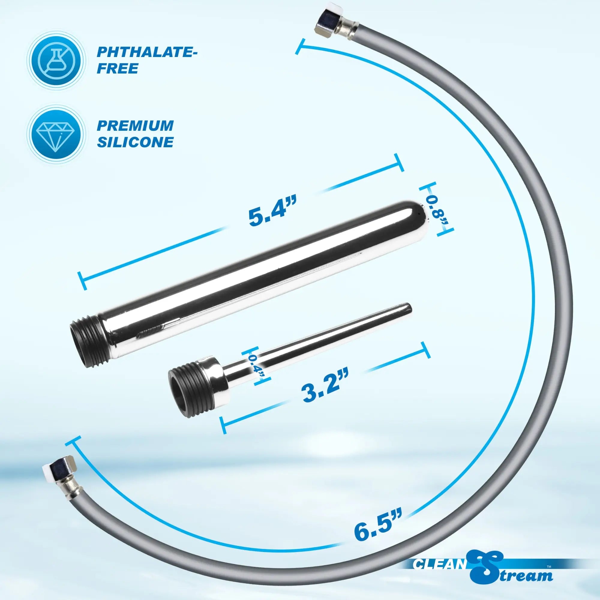 CleanStream Shower Enema Set showing two chrome nozzle attachments and a flexible hose with dimensions labeled.