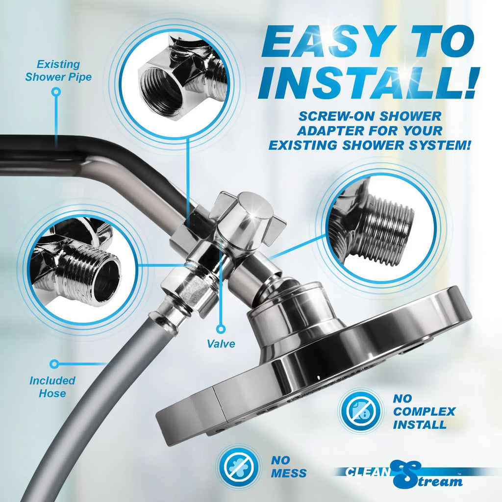 CleanStream Shower Enema Set showing a chrome adapter and valve installed on a shower pipe with an included grey hose.