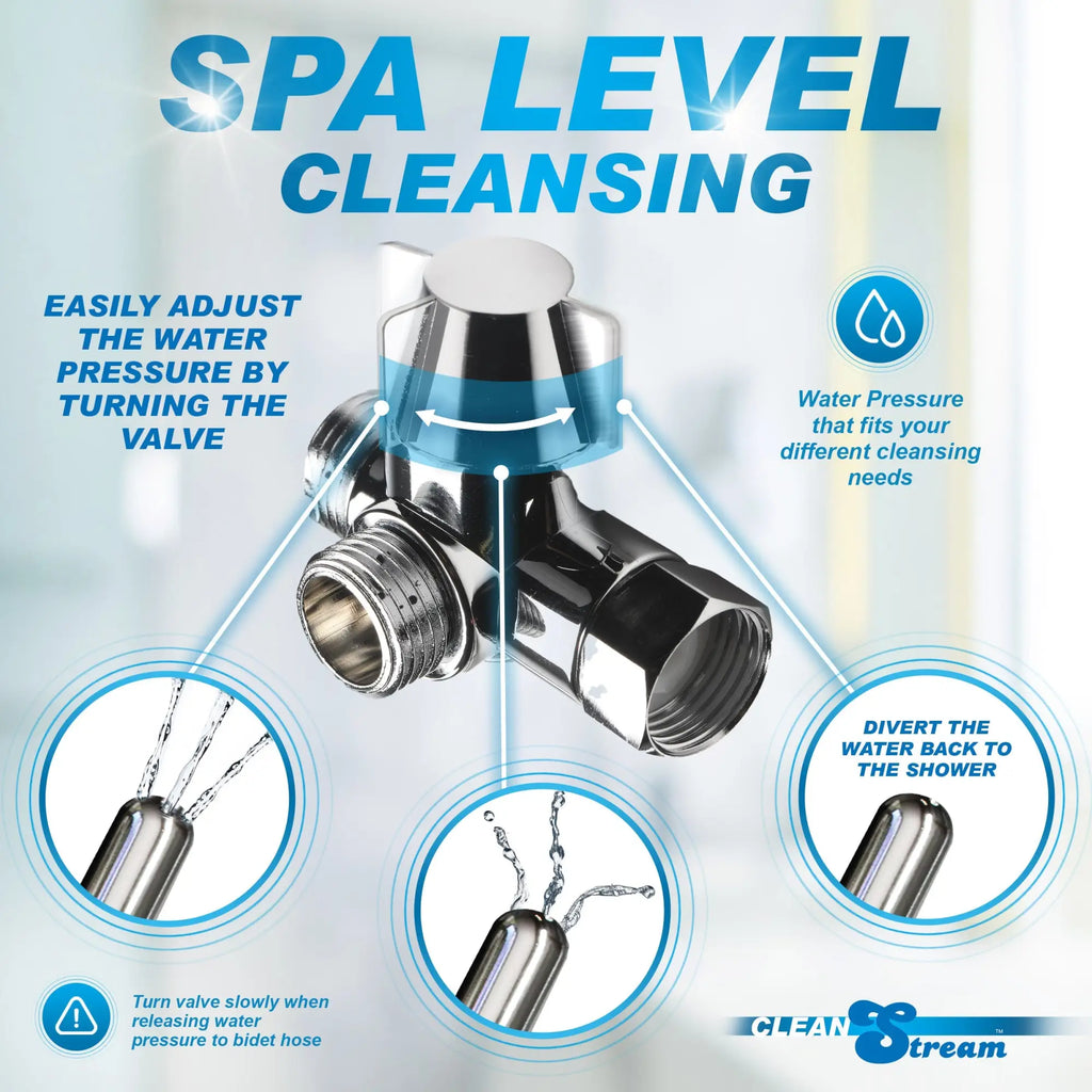 CleanStream Shower Enema Set: A chrome 3-way valve showing water pressure adjustment and flow functionality.