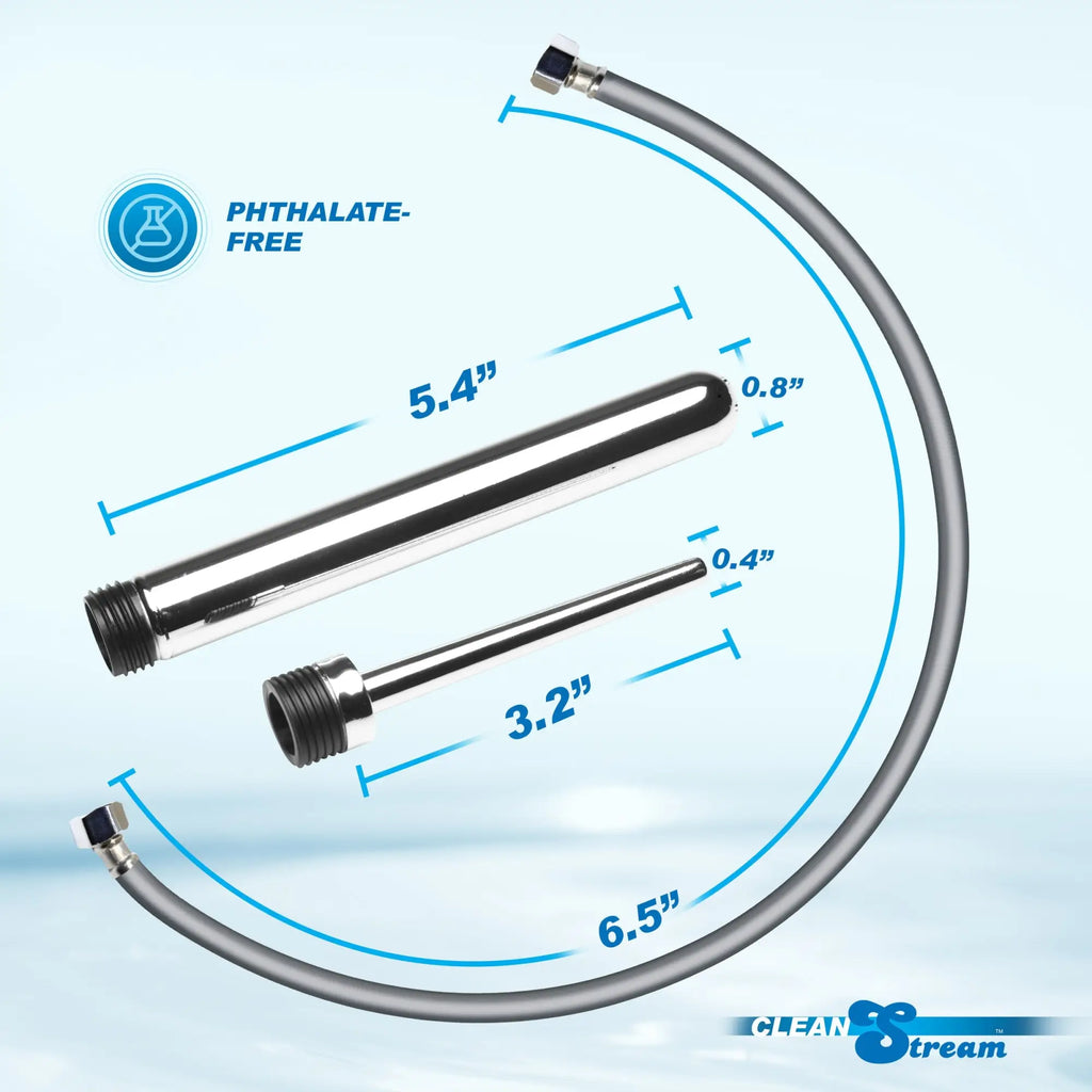 CleanStream Shower Enema Set showing two silver metal nozzles and a grey hose with labeled product dimensions.