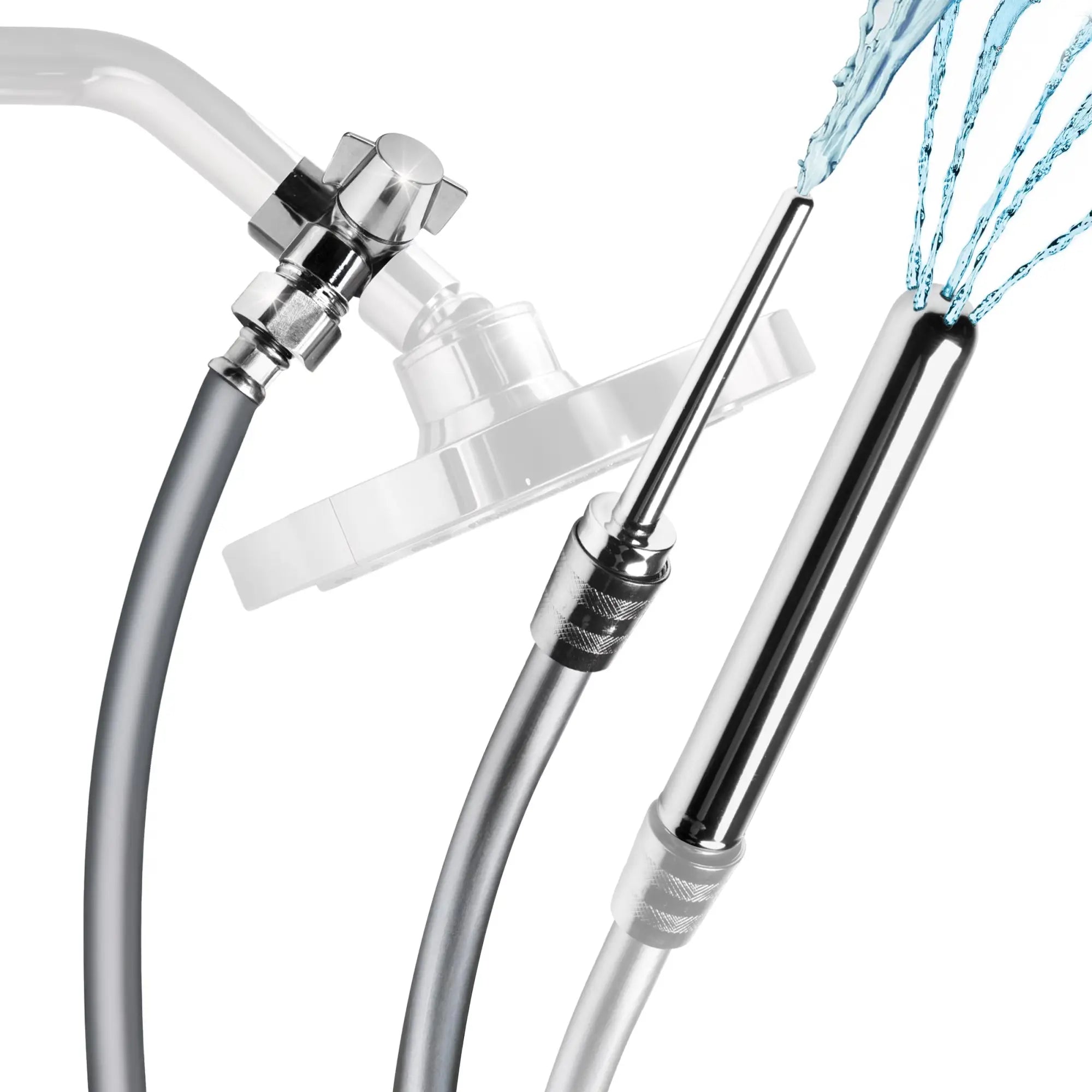 CleanStream Shower Enema Set: A chrome hose and nozzles attachment connected to a shower head with water spraying out.