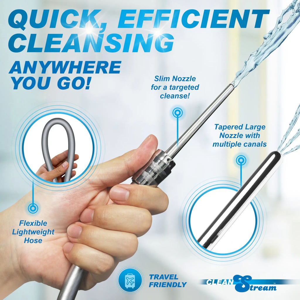 CleanStream Shower Enema Set with a hand-held silver hose, slim metal nozzle, and tapered nozzle with water spray.