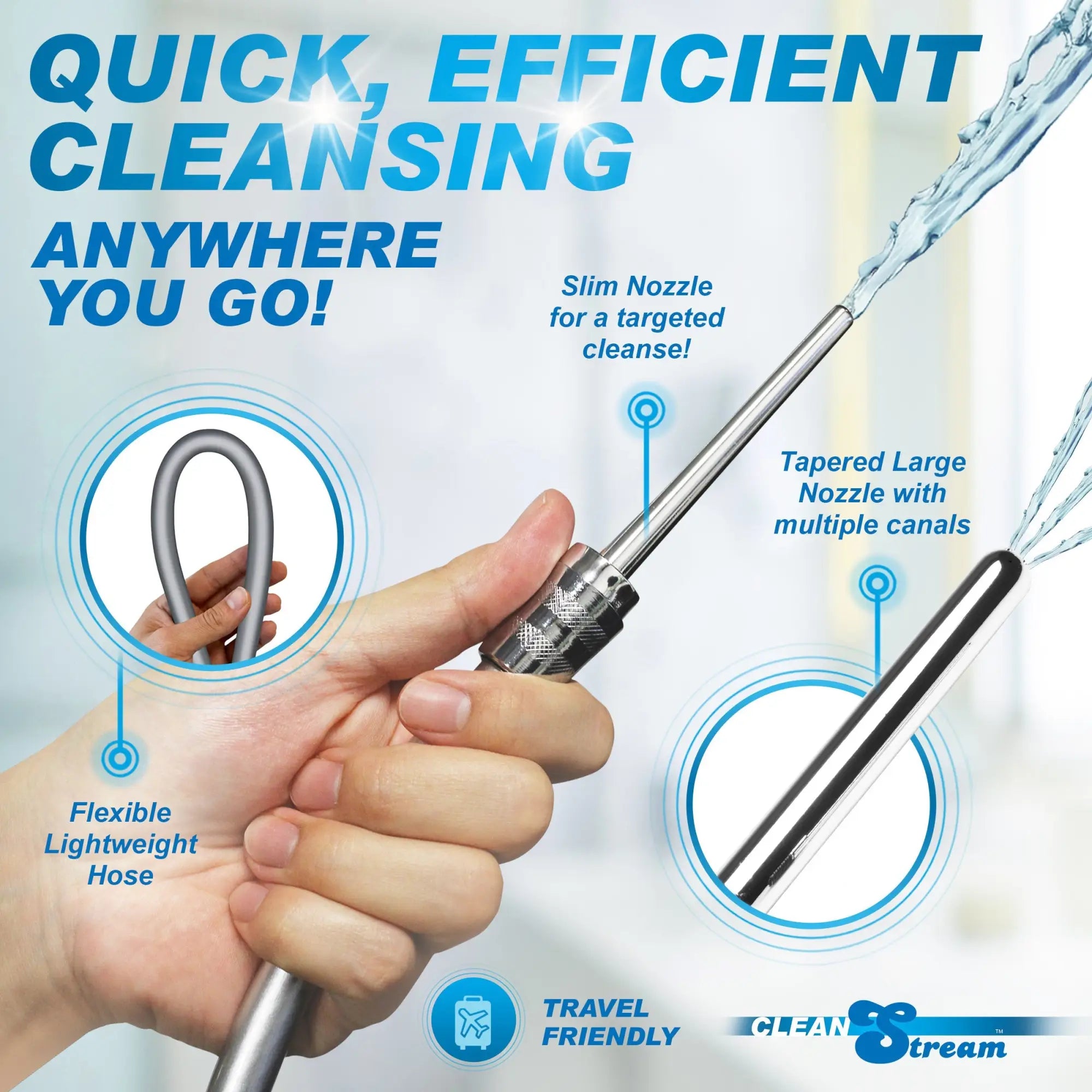CleanStream Shower Enema Set with a hand-held silver hose, slim metal nozzle, and tapered nozzle with water spray.
