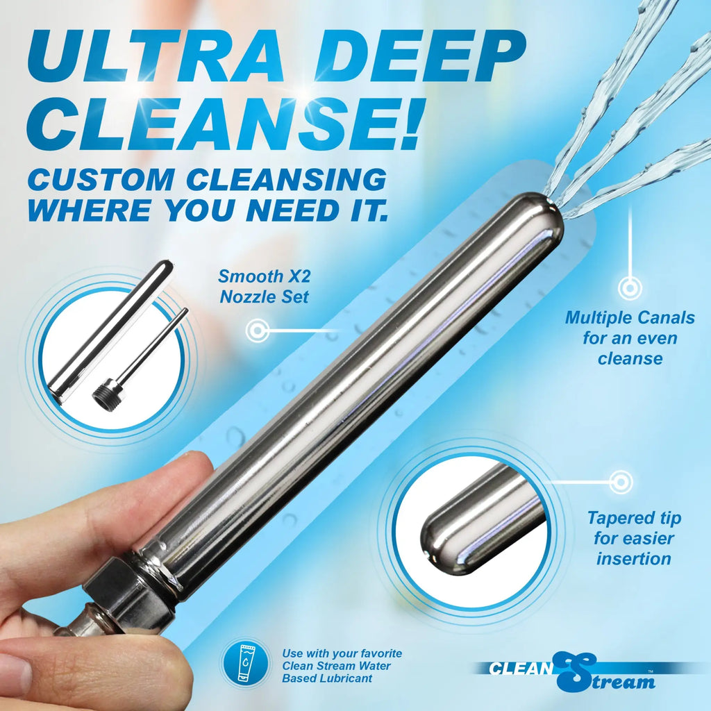 CleanStream Shower Enema Set featuring a silver, stainless steel nozzle with a tapered tip and water spray.