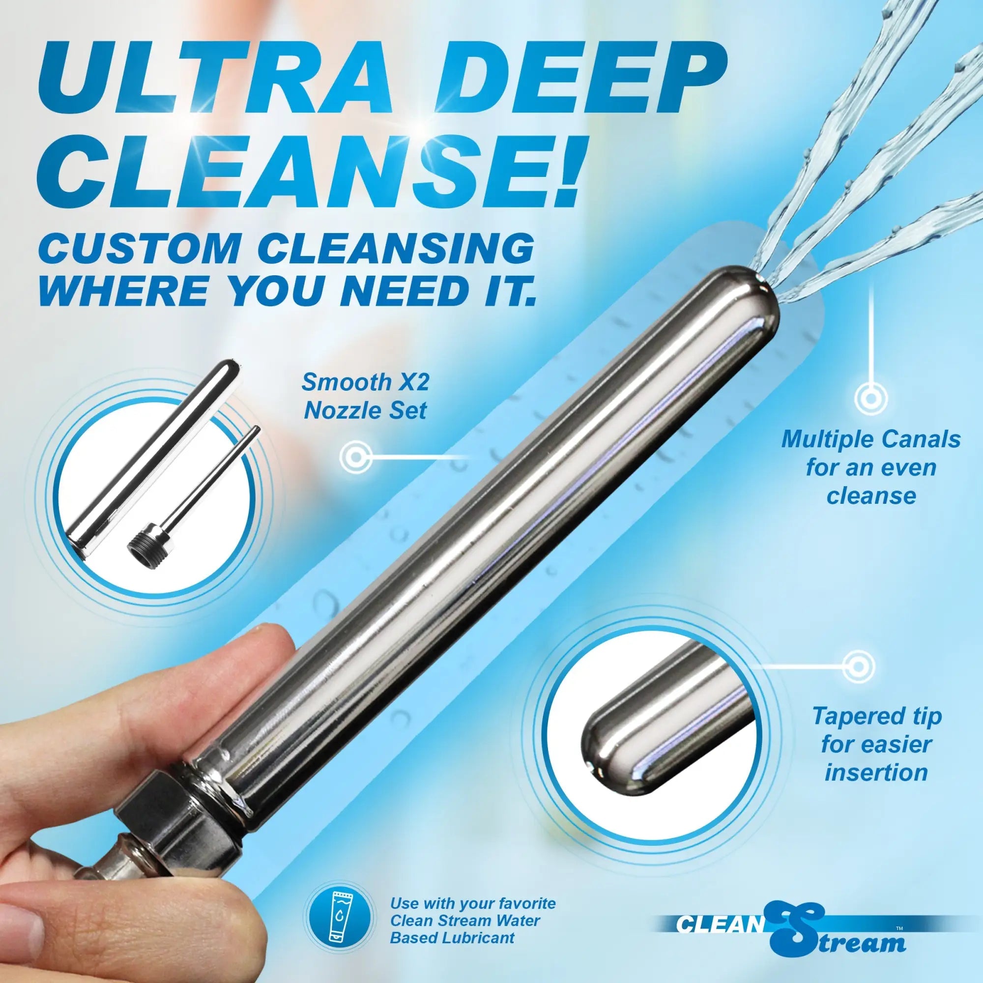 CleanStream Shower Enema Set featuring a silver, stainless steel nozzle with a tapered tip and water spray.