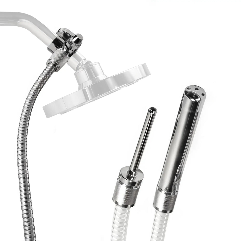 CleanStream Shower Enema System: A chrome shower hose attachment with a control valve and two interchangeable nozzles.