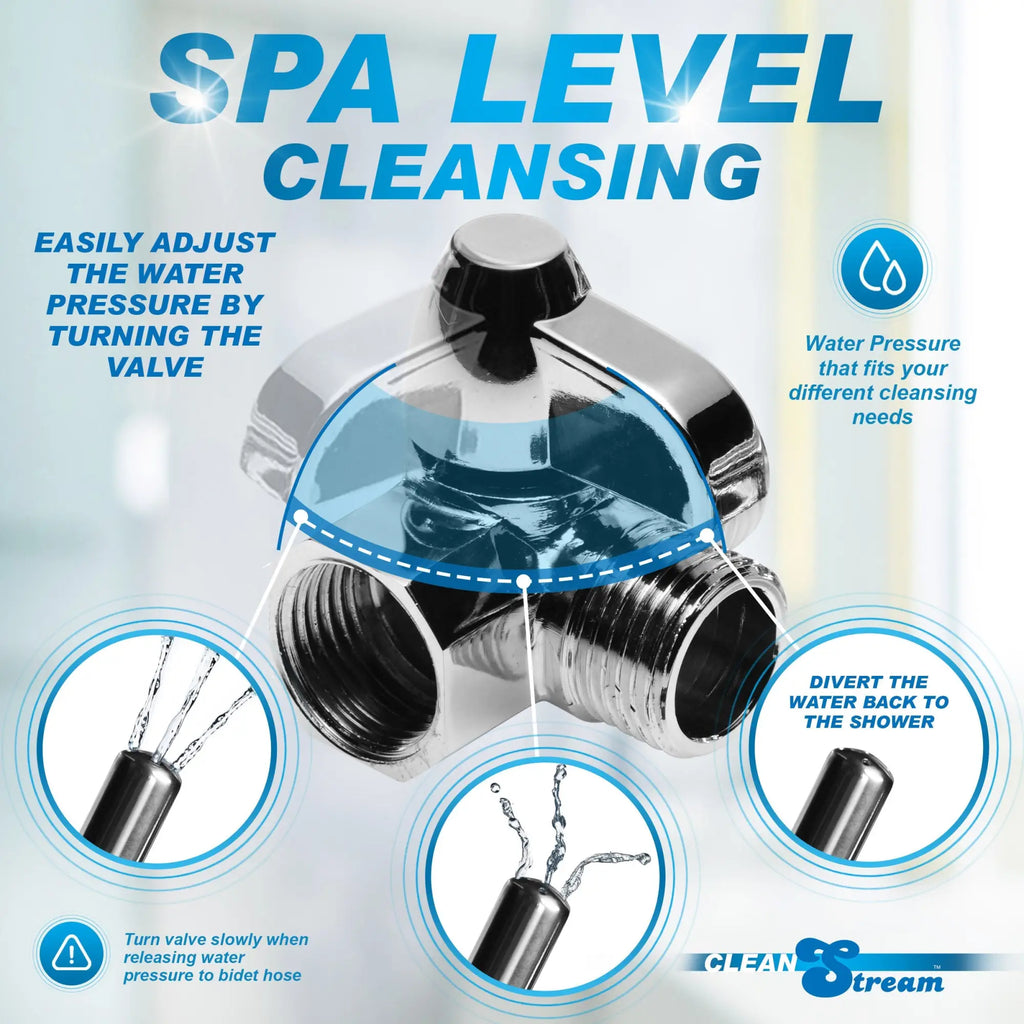 CleanStream Shower Enema System: A chrome metal water pressure valve featuring instructional diagrams for shower use.
