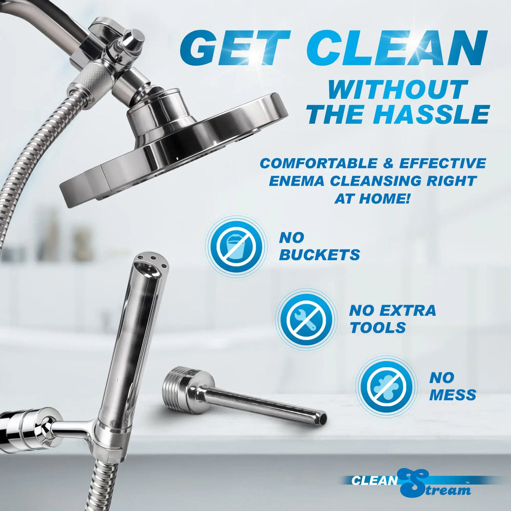 CleanStream Shower Enema System: Chrome shower attachment and nozzle with marketing text on a bathroom background.