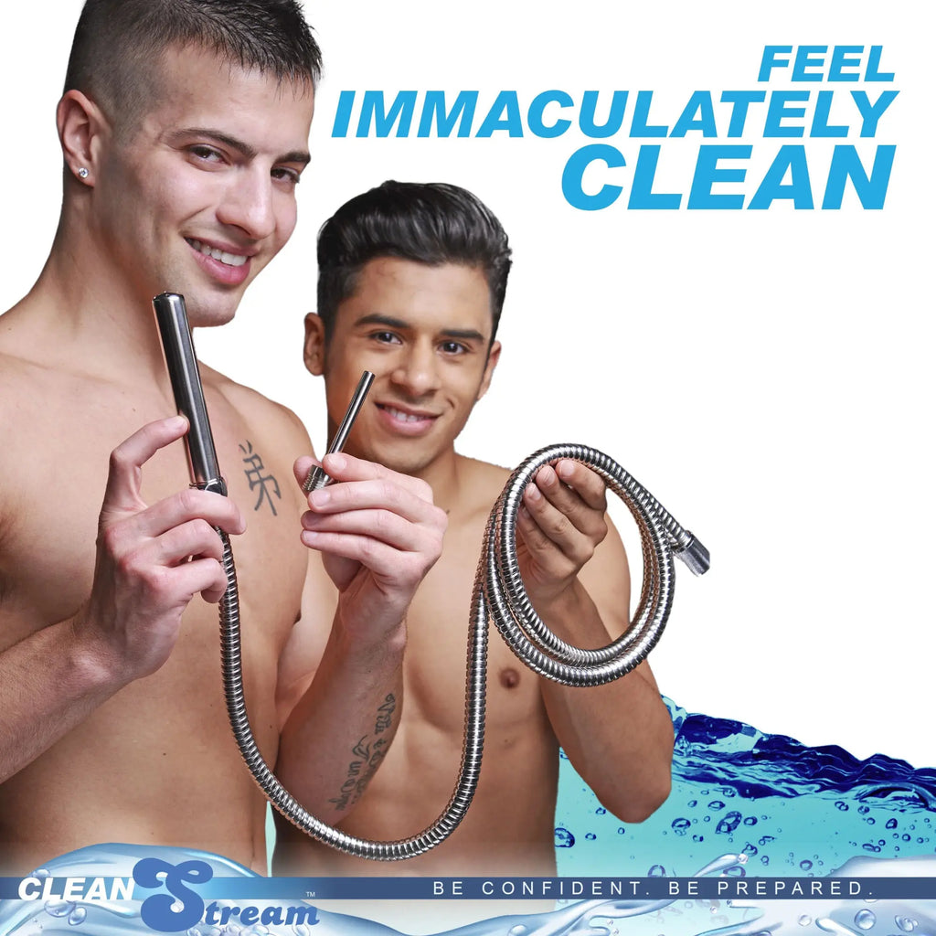 Two men holding the chrome CleanStream Shower Enema System hose and nozzle attachments.