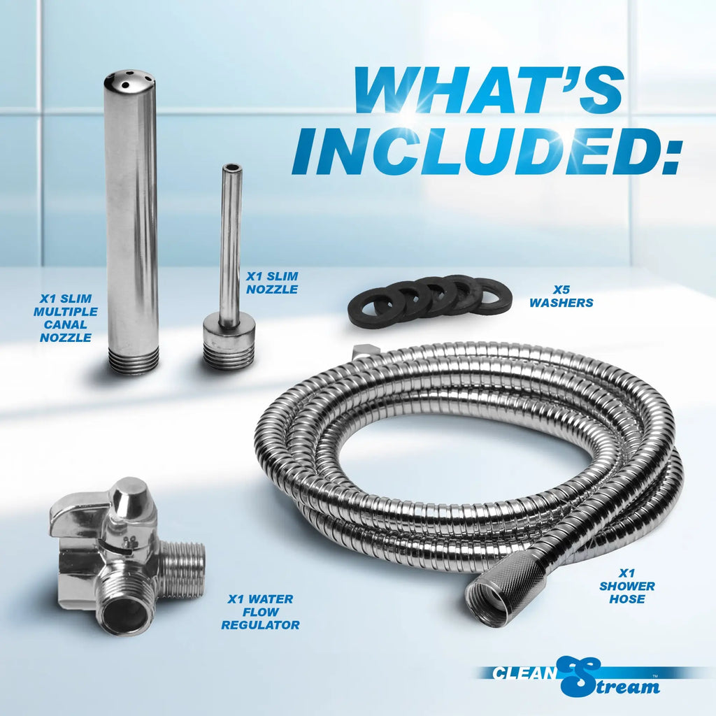 CleanStream Shower Enema System includes two silver metal nozzles, a flexible chrome hose, a flow regulator, and washers.