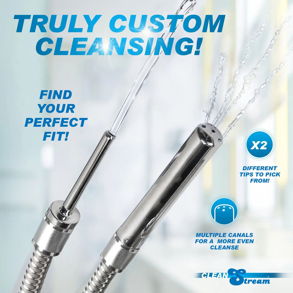 CleanStream Shower Enema System with silver, metallic components spraying water and two nozzle tips shown.