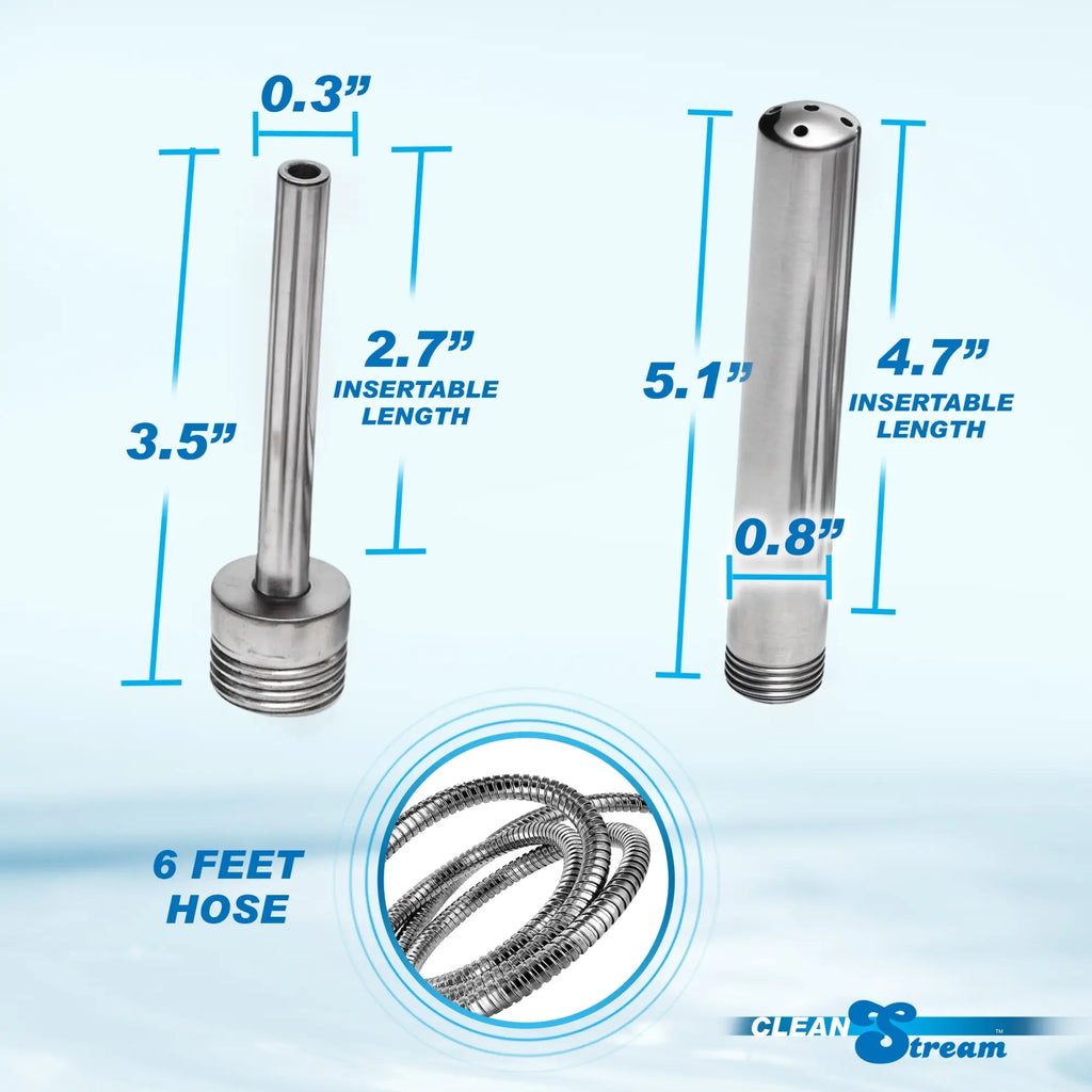CleanStream Shower Enema System featuring two stainless steel attachments and a 6-foot flexible metal hose with dimensions.