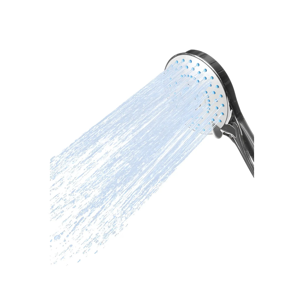 CleanStream Shower Head in black with blue silicone nozzles, spraying water at an angle against a white background.