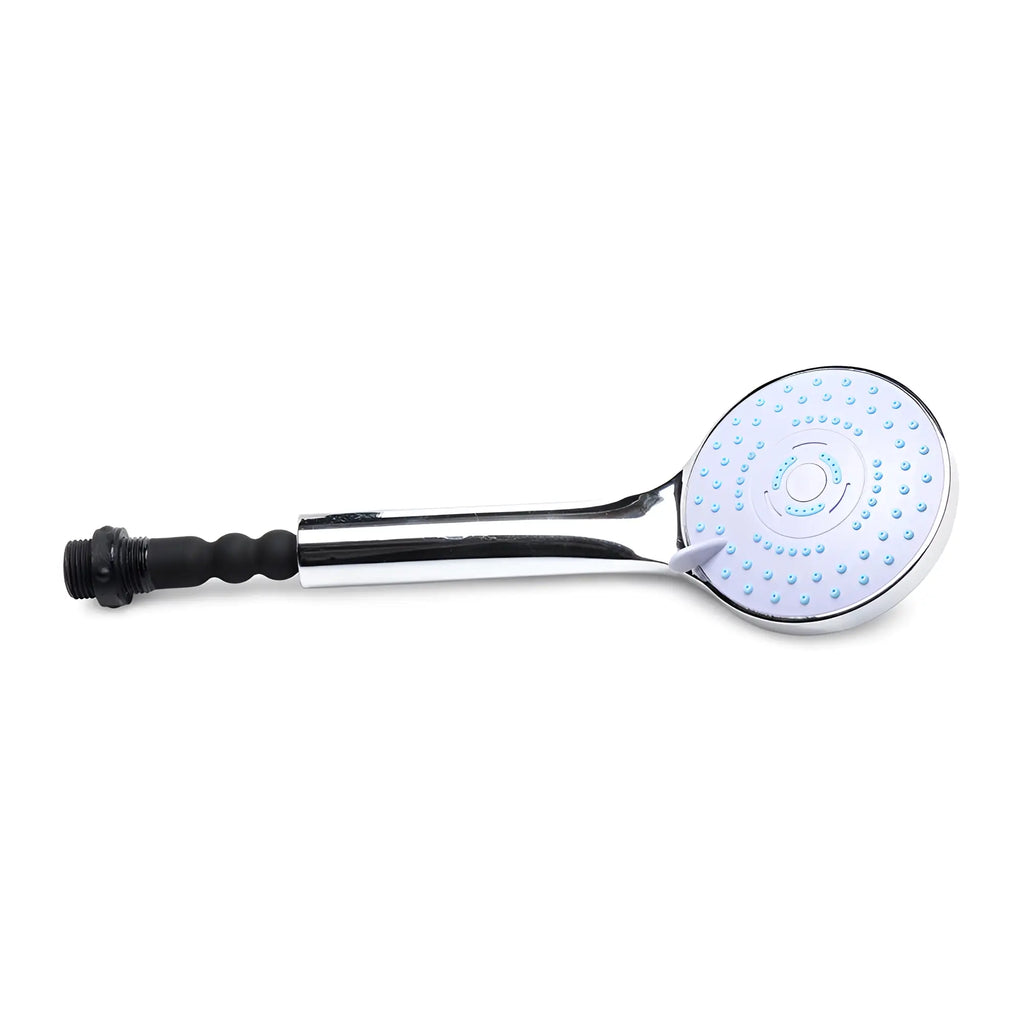 CleanStream shower head in chrome with a white face and blue silicone nozzles, shown with a black connector handle.