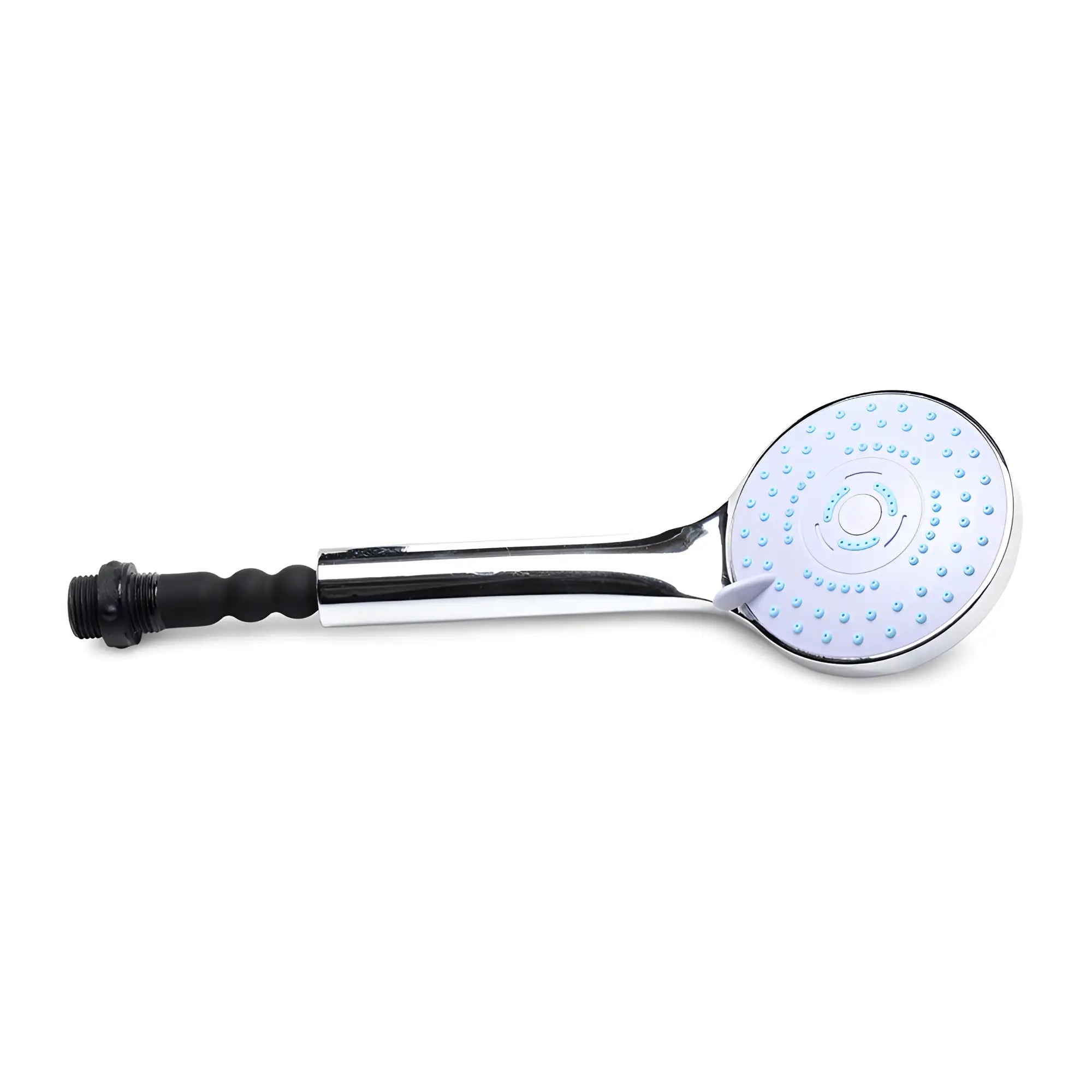 CleanStream shower head in chrome with a white face and blue silicone nozzles, shown with a black connector handle.
