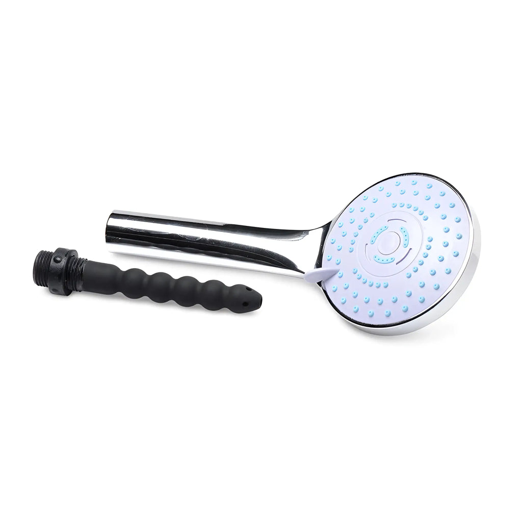 CleanStream chrome shower head with blue silicone nozzles and a detached black flexible handle.