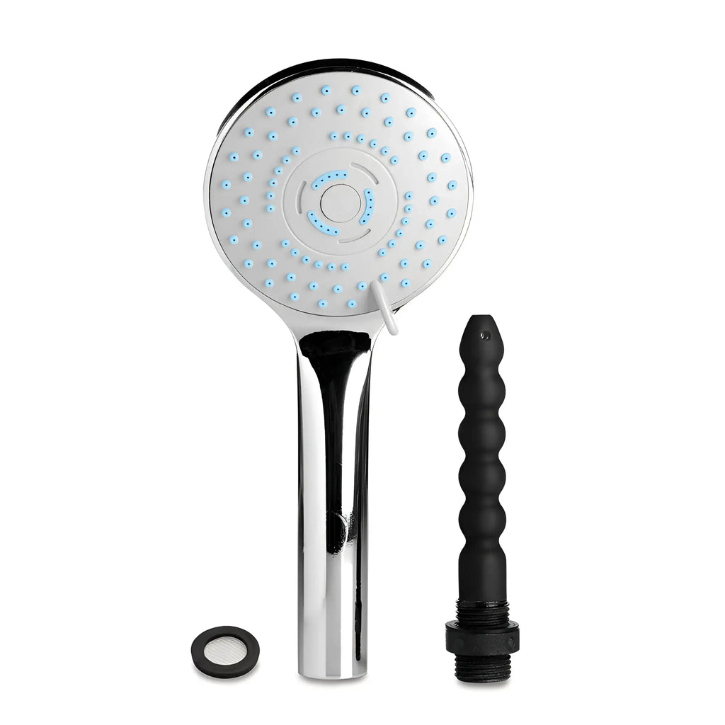 CleanStream Shower Head with chrome finish, blue silicone nozzles, a black, textured attachment, and a small O-ring.