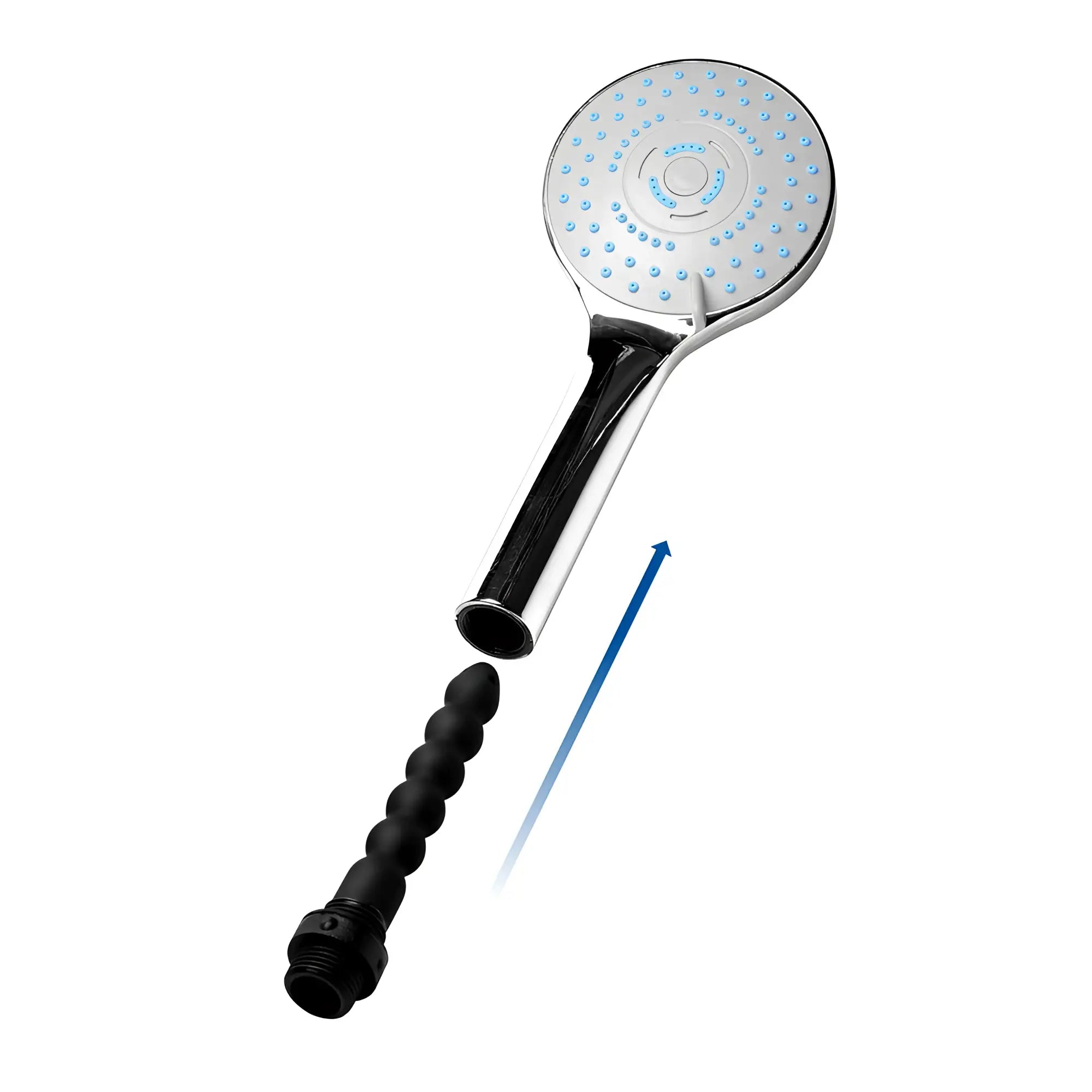 CleanStream Shower Head with a chrome finish, blue nozzles, and a detachable black, ridged silicone nozzle attachment.