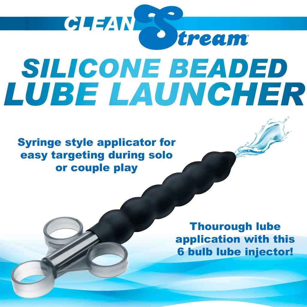 CleanStream Silicone Beaded Lube Launcher: a black, 6-bulb syringe-style applicator with a clear three-ring handle.