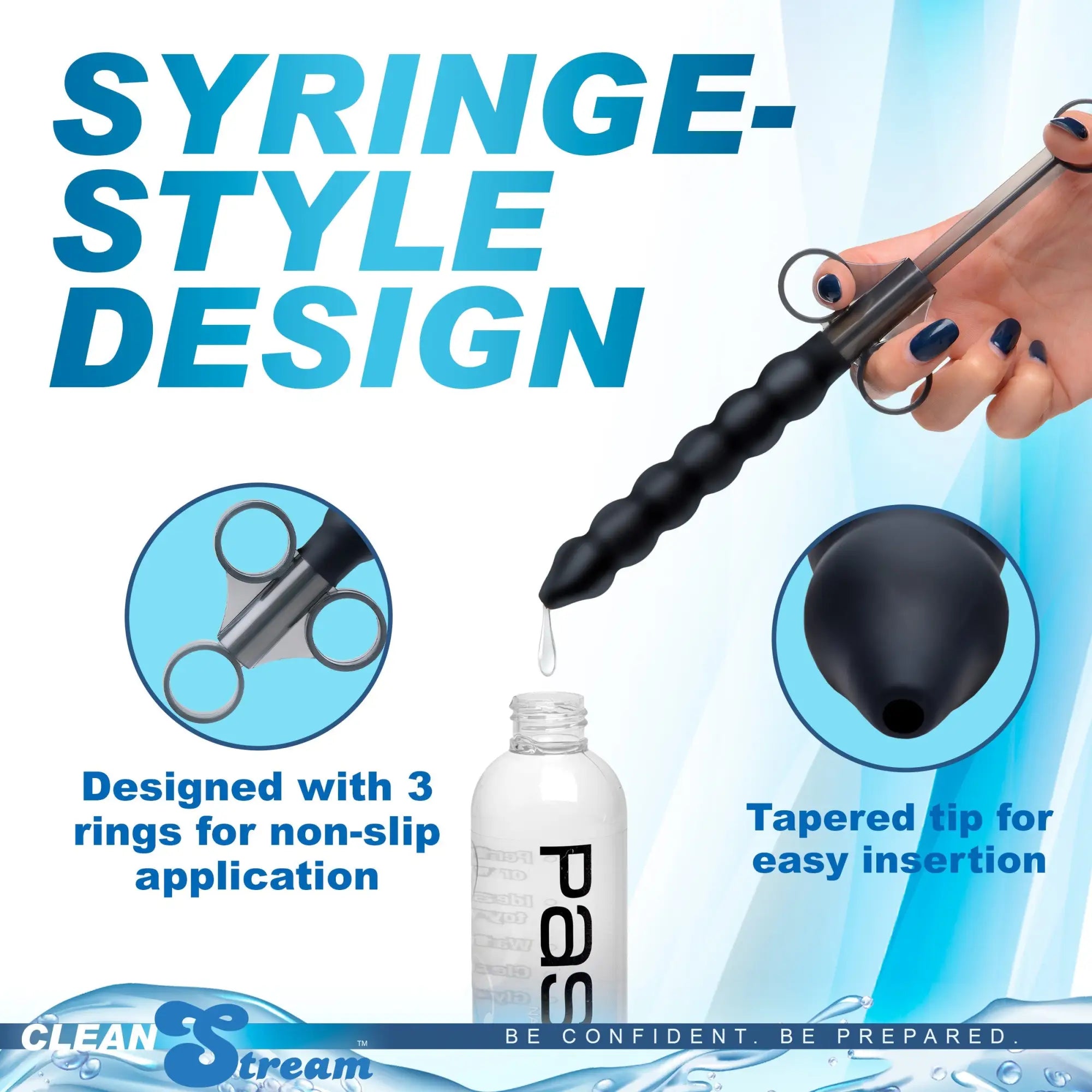 CleanStream Silicone Beaded Lubricant Launcher: A black, syringe-style tool with three finger rings and a tapered tip.