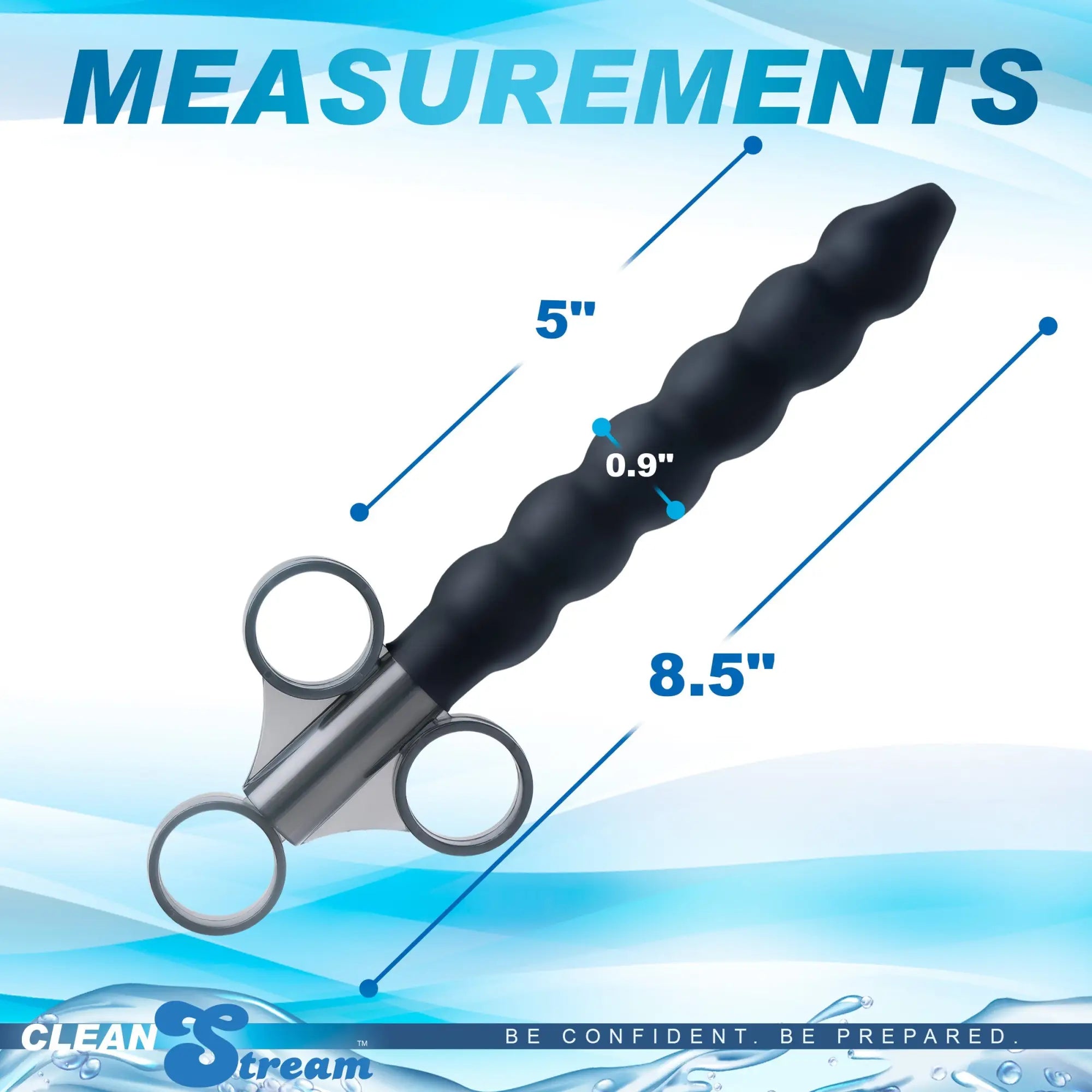 CleanStream Silicone Beaded Lubricant Launcher with labeled measurements showing 8.5-inch length and 0.9-inch diameter.