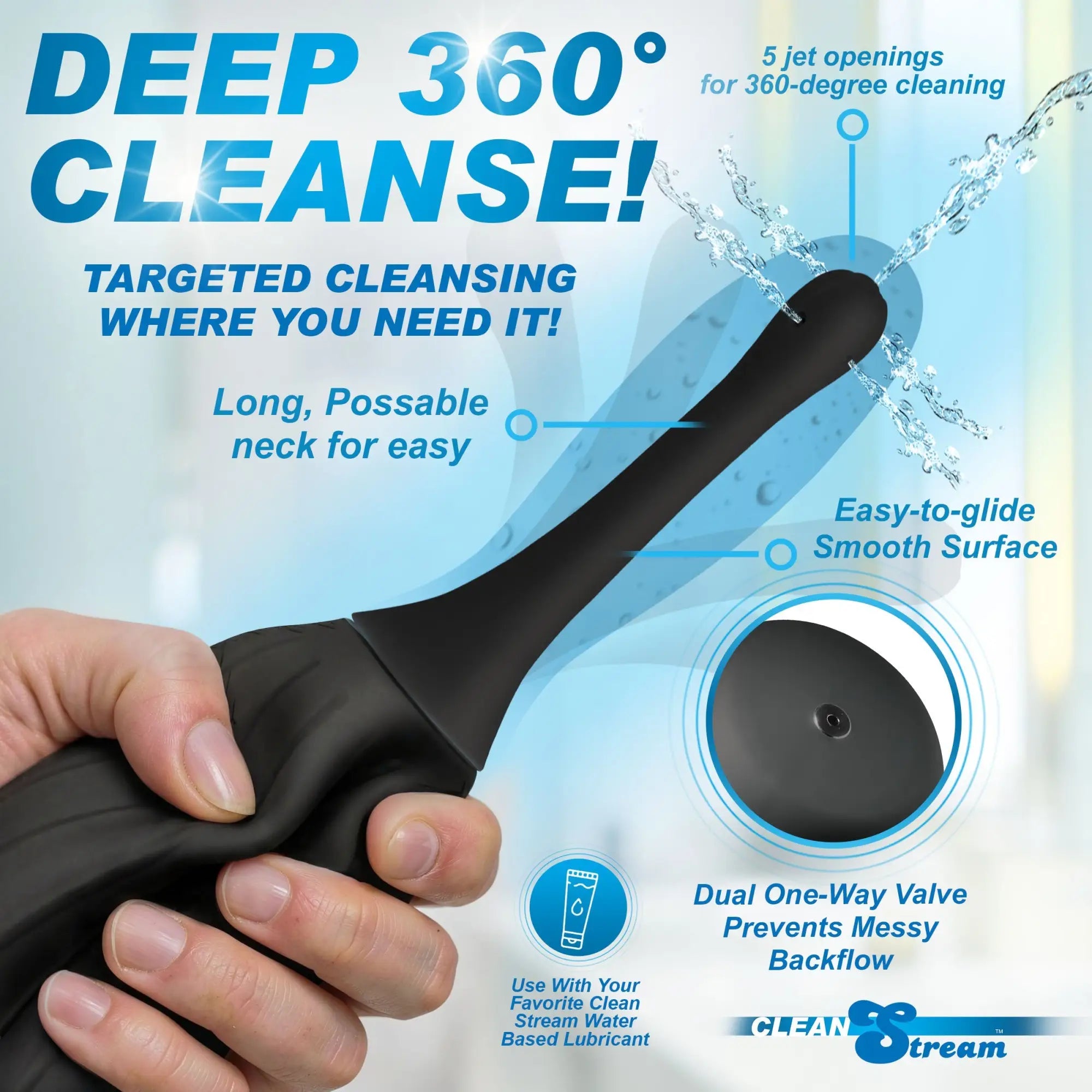 CleanStream silicone enema bulb in black, featuring a poseable, smooth-surface nozzle spraying water from five jets.